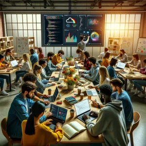 A group diverso de estudiantes está reunido alrededor de una gran mesa en un aula moderna y luminosa. Están completamente concentrados en sus laptops, que muestran un curso de análisis de datos en Google Cloud